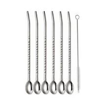 Paslanmaz Çelik Pipet Seti 6'li + Temizleme Fırçası Kaşıklı Metal Pipet, Yeniden Kullanılabilir Çevre Dostu Diğer
