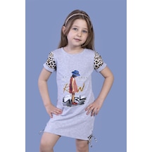 Toontoy Kız Çocuk Baskılı Regular Fit Bisiklet Yaka Kısa Kollu Elbise - Garni & Bağcık Detaylı Gri