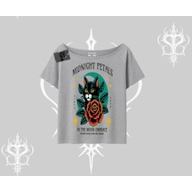 Tarzsokak Midnight Petals Kedi Baskılı Kayık Yaka Tshirt Gri