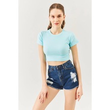 Kadın Kısa Kol Bisiklet Yaka Vücuda Oturan %100 Pamuklu Kaşkorse Esnek Crop Bluz Aqua