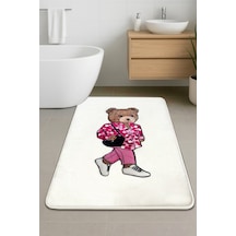 Boss Bear Ekru Tekli Nakışlı Banyo Paspası ,kaymaz Tabanlı 60x100cm Ekru-tekli