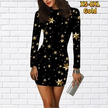 Turuncu Uzun Kollu Bodycon 3d Parlak Yıldız Baskı Elbise Kadın ...