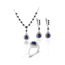 Safir Taşlı Damla Model 925 Ayar Gümüş Kadın Üçlü Set 201025667