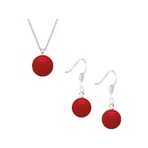 Kırmızı Mercan Taşlı Kadın Gümüş Set Küpe-kolye Yuvarlak Sallantılı Kanca Model 8 Mm