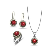Mercan Taşlı El Işi Otantik Gümüş Üçlü Set (515509612)