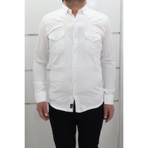 Becces Dmctekstil Erkek 011-001 Düz Spor Kesim Dar Kalıp Çift Cepli Uzun Kollu Yazlık Keten Gömlek Beyaz