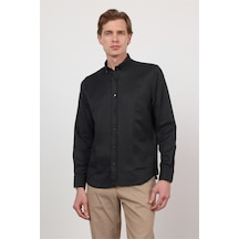 İmza Siyah Düğmeli Yaka Uzun Kol Cepsiz Slim Fit Pamuklu Gömlek 1004260203