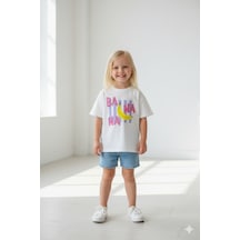 Monila Kız Çocuk Pamuklu Bisiklet Yaka Baskılı T-shirt Ekru