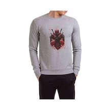 Deadpool Two Guns Baskılı Gri Erkek Örme Sweatshirt