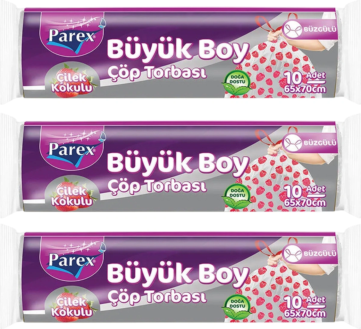 Premium 10'lu Büzgülü Çöp Torbası Çilek Kokulu Büyük Boy 65 X 70 Cm Üçlü Paket