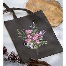 Bk Gift Çiçek Tasarımlı-3 Antrasit Kumaş Bez Çanta, Baskılı Omuz Çantası, Alışveriş Çantası, Anneye Hediye Sarı