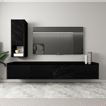 T007 Duvara Monte, Raflı Tv Ünitesi, Tv Sehpası - Ahşap Siyah/mermer Ahşap Siyah/mermer