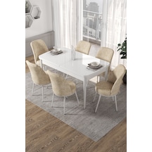 Canisa Concept Kor Serisi 70x114 Açılabilir Beyaz Mutfak Masası Takımı 6 Adet Krem Sandalye Masalar Beyaz Sandalyeler Krem