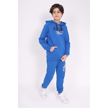 Toontoy Erkek Çocuk 2'li Takım Baskılı Kapüşonlu Cepli Sweatshirt & Beli Paçası Lastikli Cepli Jogger Eşofman Altı - 2 İplik Saks