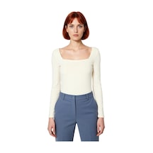 Ersefa Moda Kare Yaka Örme Slim Düz Desen Casual Günlük Regular Uzun Kol Taş