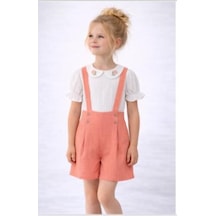 Kız Çocuk Şort Tulum Takım Askıl Şort & Nakışlı Yakalı Bluz-2525p- Pembe