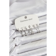 316l Çelik Gümüş Renk Zirkon Taşlı Yıldız Detaylı Zincirli Model Kadın Küpe Seti Tj-bkp11883 Çok Renkli