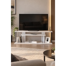 Sulorahome Beyaz Tv Ünitesi 140 Cm Raflı Metal Detaylı Tasarım