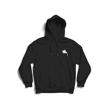 Unisex Siyah Cepte Uyuyan Kedi Baskılı Kapüşonlu Sweatshirt Siyah