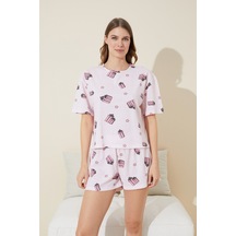 Siyah İnci Örme Pamuklu Şort-pijama Takım Pembe Kutu Desen