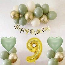 9 Yaş Doğum Günü Seti Küf Yeşili-krom Gold- Deniz Kumu Ve Adaçayı Kalp Folyo Balon Set