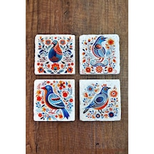 Doğal Taş Bardak Altlığı 4'lü Set 10x10x1 Cm Renkli Kuş Desenleri-stone Coasters Çok Renkli