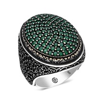 Premium 925 Ayar Gümüş Yeşil Zirkon Taşlı Oval Erkek Yüzük - 23 Ölçü