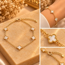 Beyaz Yonca Model Bileklik Paslanmaz Çelik Gold