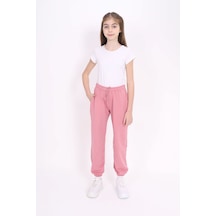 Toontoy Kız Çocuk Baskılı Beli Paçası Lastikli Cepli Basic Jogger Eşofman Altı 2 İplik Gül Kurusu