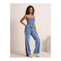Orvelia İnci İşlemeli Denim Korset Büstiyer Ve Yanları İnci Saçaklı Denim Pantolon Takımı Marea mavi
