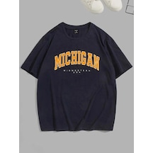 Tarzsokak Kadın Siyah Mıchıgan Baskılı Oversize Bisiklet Yaka Tshirt Siyah