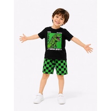 Cg Kids Dinozor Baskılı T-shirt Ve Damalı Şort Alt Erkek Çocuk Üst Takım Siyah