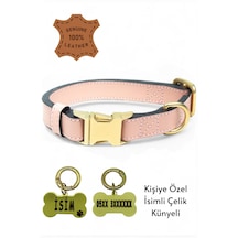 Hakiki Deri Köpek Boyun Tasması, Kişiye Özel Künyeli Lux Seri Pd Açık Pembe