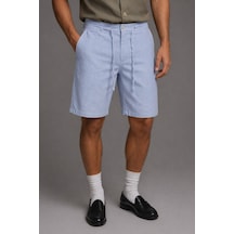 Tarz Cool Erkek %100 Pamuk Linen Şort Bağcıklı Rahat Kesim Yazlık Şort Mavi