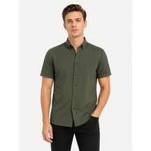 Classics Men Cafes Likralı Kısa Kol Slim Fit Erkek Gömlek - 7735 Haki