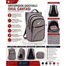 Ortopedik Sırt Destekli Okul Çantası 3 Bölmeli Geniş Hacimli, Ayarlanabilir Omuz Askılı Gri