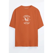 Chili Sos Baskılı Unisex Siyah - Turuncu - Bej Oversize T-shirt Turuncu