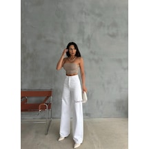 Zeo Basic Beyaz Baggy Pantolon Denim Kumaş Yanlardan Lazerli Beyaz