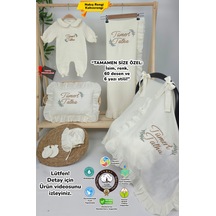 Gros Shop Müslin Yeni Doğan 4katlı Organik %100pamuk Kişiye Özgü Nakışlı Hastane Çıkış Seti İki Dallı Model-2 Ekru-1