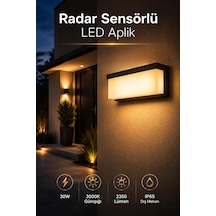 30w Radar Sensörlü Led Duvar Apliği, 3000k, 2350 Lümen, Ip65, Siyah