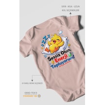 Morivokids Sessiz Olun, Enerji Topluyorum Kısa Kollu Bebek Body %100 Pamuk Pastel Pembe