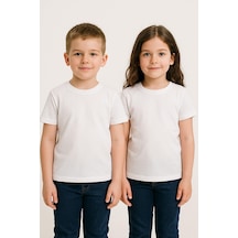 Luess Unisex Çocuk %100 Pamuklu Bisiklet Yaka Basict-shirt 3 Yaş - 7 Yaş Beyaz