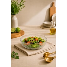 Modern Çizgi Desenli Cam Salata Kasesi Meyve Sunumluk Kase Orta Boy 21 Cm