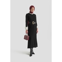 Armine Trend Kendinden Çizgili Triko Elbise Siyah 25ktd901