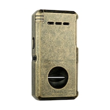 Quantoro Çift Torch Pürmüz V-cut/delicili/iğneli Fırçalı Gold Metal Puro Çakmağı - Trz1089