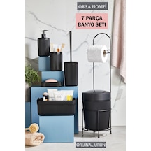 7 Parça Siyah Banyo Seti Metal Stantlı Kovalı Wc Kağıtlık Kozmetik Kutusu Diş Fırçalık Ve Sabunlukla