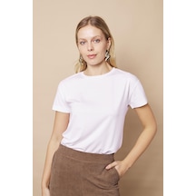 Jument Kadın Sıfır Yaka Kırışmaz Span Karışımlı Şık Kısa Kol Likralı T-shirt Bluz-beyaz Beyaz