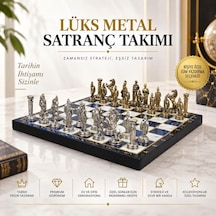 Lüks Metal Satranç Takımı Osmanlı Bizans Figürlü Krom Mavi Mermer Desenli 20x20 Premium Hediye Seti