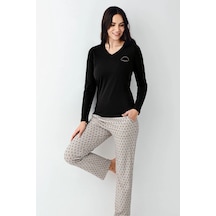 Pierre Cardin 9101 Kadın Uzun Kollu V Yaka Pijama Takımı-siyah Siyah