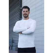 Hk Premium Triko Kazak Fitilli Slim Fit Bisiklet Yaka Likralı Kışlık Sweatshirt Beyaz